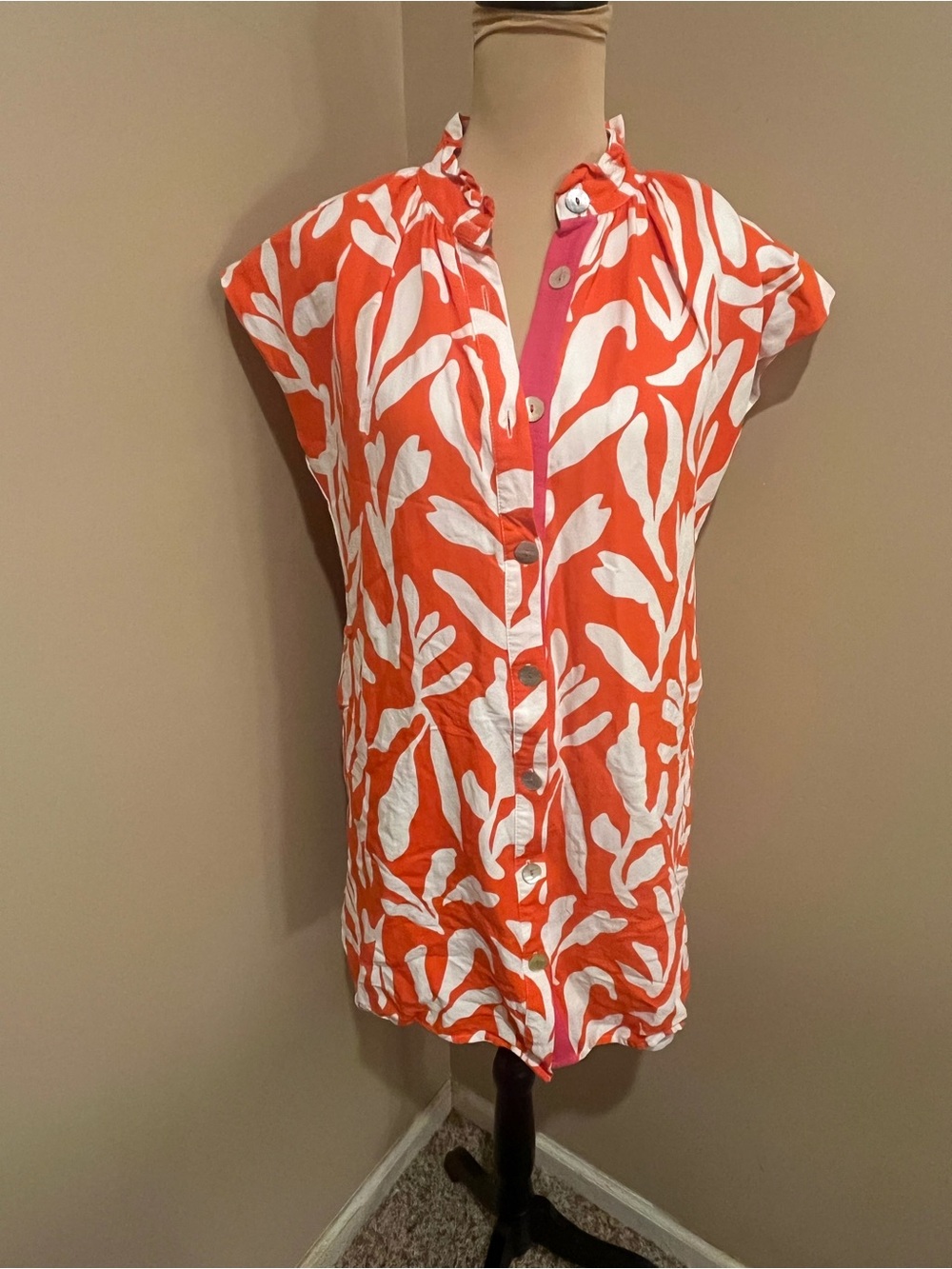 THML Bold Whimsical Orange and White Button-Front Mini Shift Dress, small - Picture 2 of 9